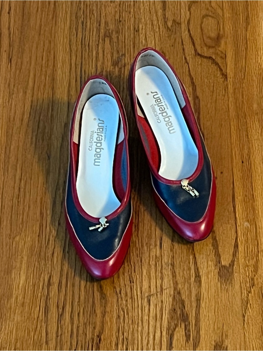 Vintage Two-Tone Red and Navy Pointed Leather Heels with Gold Accent